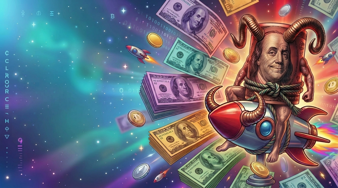 Red Dollar flying through a colorful crypto universe