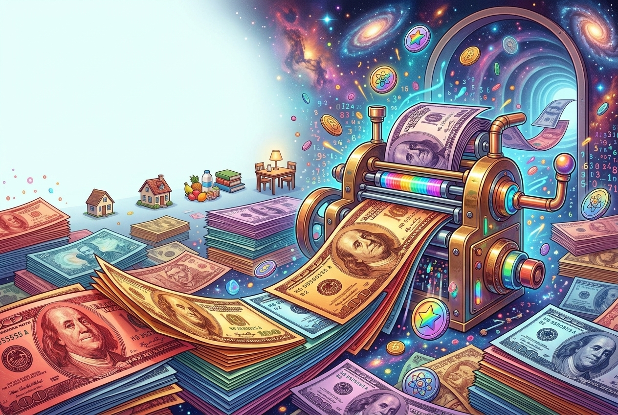 Colorful banknotes rolling out of a satirical money printer