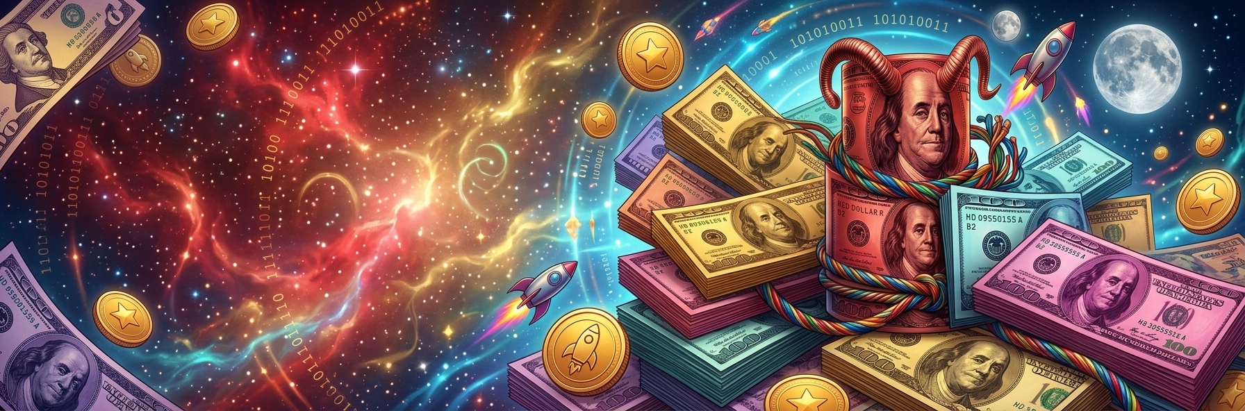 Red Dollar surrounded by colorful paper and stars